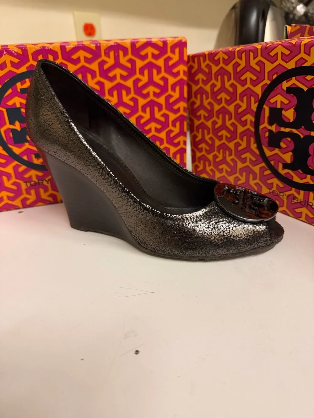 Tory Burch Metallic Black Logo Peep-Toe Heels